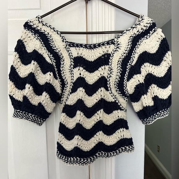 EUC Ulla Johnson Luciana Navy Cream Wave Crocheted Sweater Size Small - Picture 5 of 8